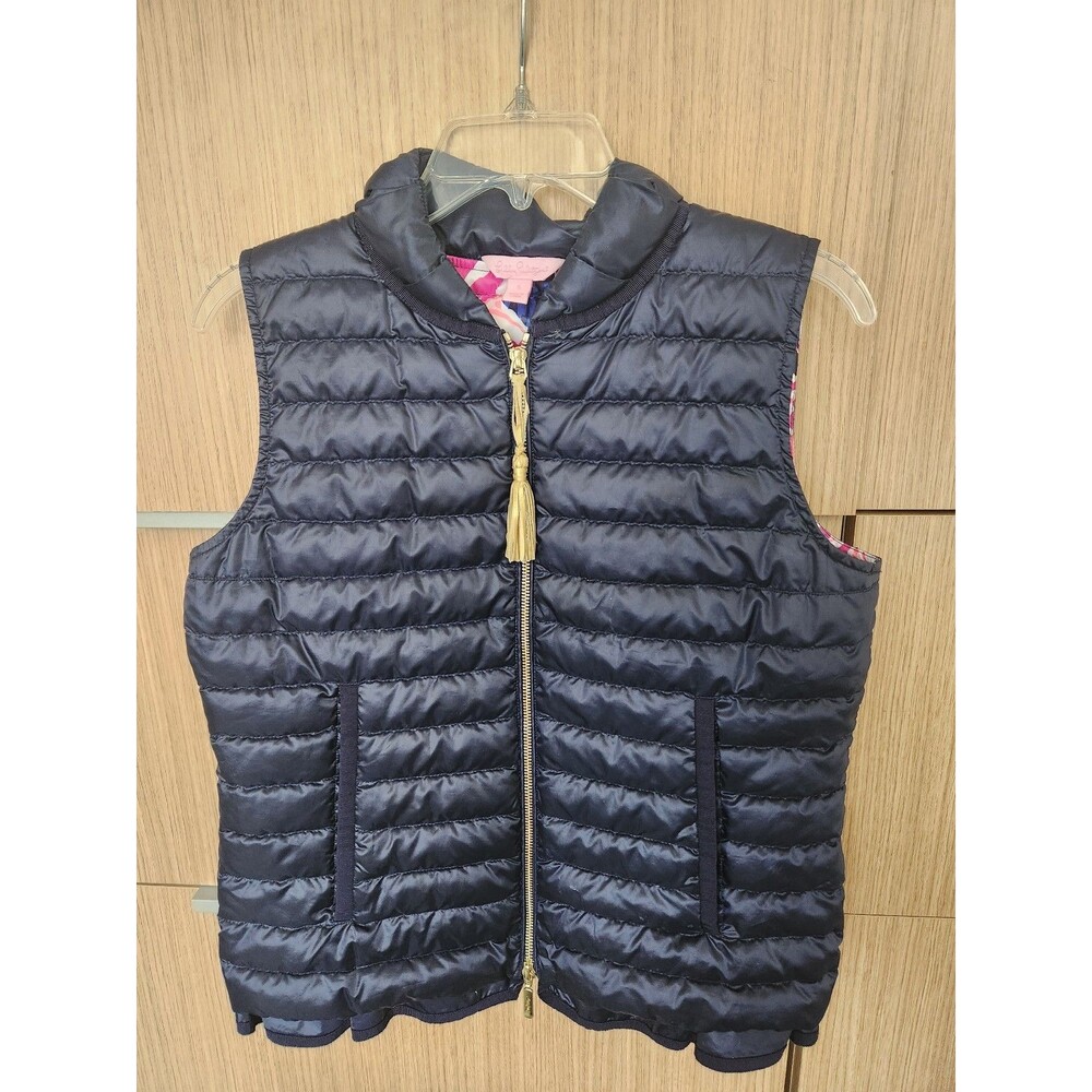 Lilly Pulitzer "Cora" Navy Blue Quilted Puffer Vest w/ Gold Zipper Tassel Size S